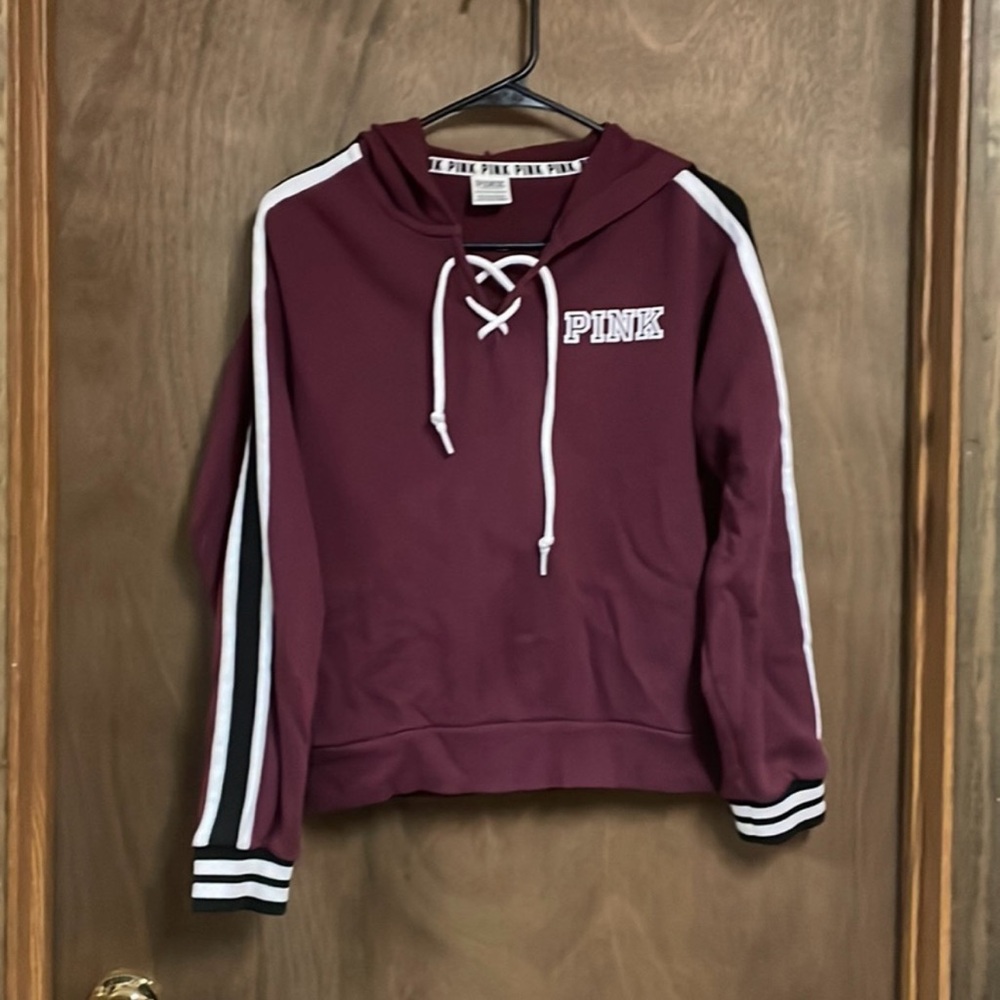 Victorias Secret Pink Pullover Hoodie Sweatshirt Lace Burgundy Extra Small‎